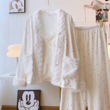 海岛绒三件套睡衣女秋冬纯欲吊带胸垫保暖长袖显白显瘦家居服套装