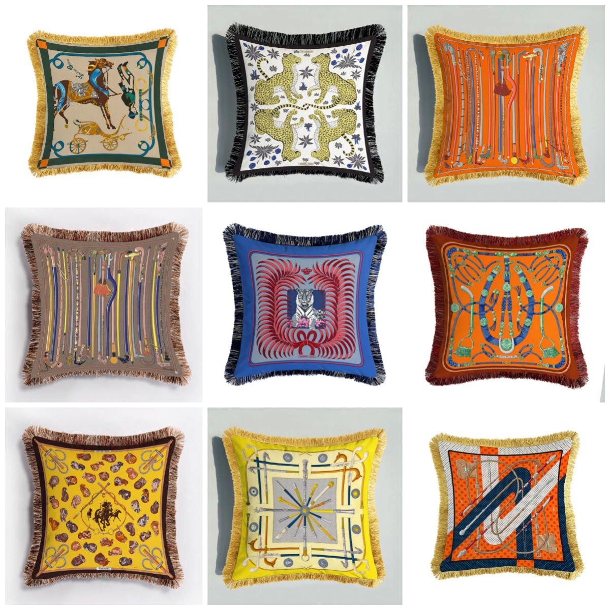 Light Luxury Silk Scarf Painting Double-sided Printed Pillow European Style Tassel Sofa Square Cushion Model Room Luxury Decorative Waist Pillow