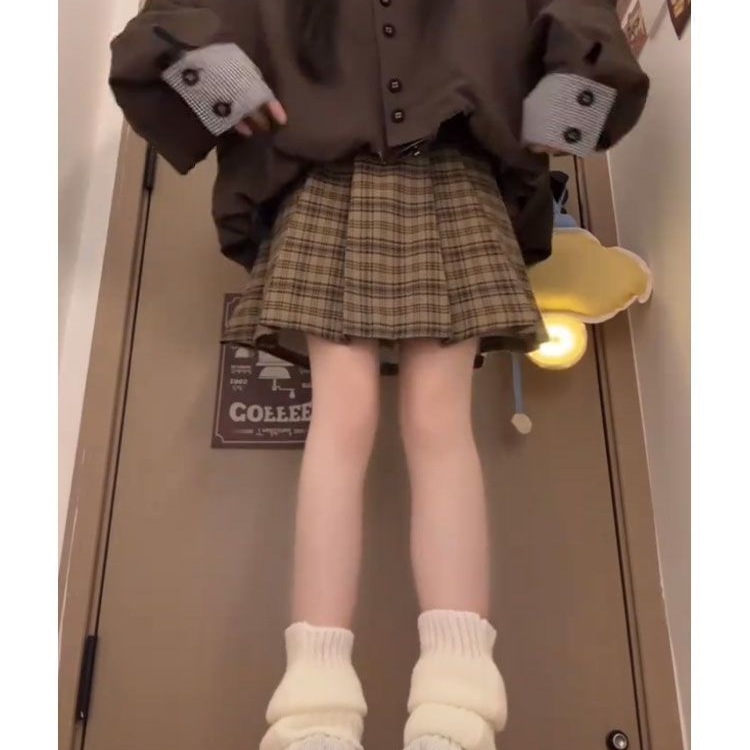 韩系学院风宽松慵懒短款工装双层领夹克开衫外套+格纹短裙套装裙