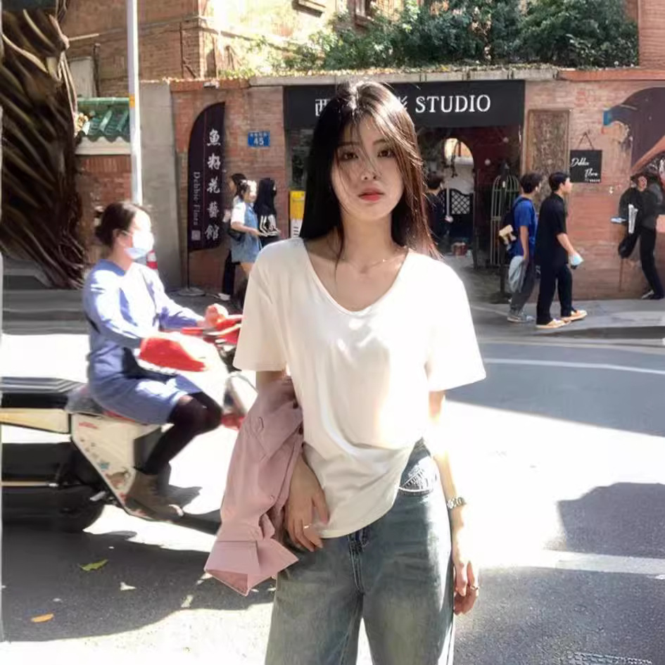 여성용 여름 v 넥 반팔 티셔츠 얇은 솔리드 컬러 화이트 바닥 셔츠 루즈 슬리밍 캐주얼 티셔츠 탑 트렌디 여성