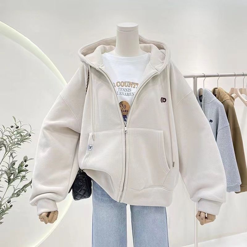 加绒加厚连帽卫衣女秋冬简约百搭宽松休闲oversize拉链开衫外套潮|undefined