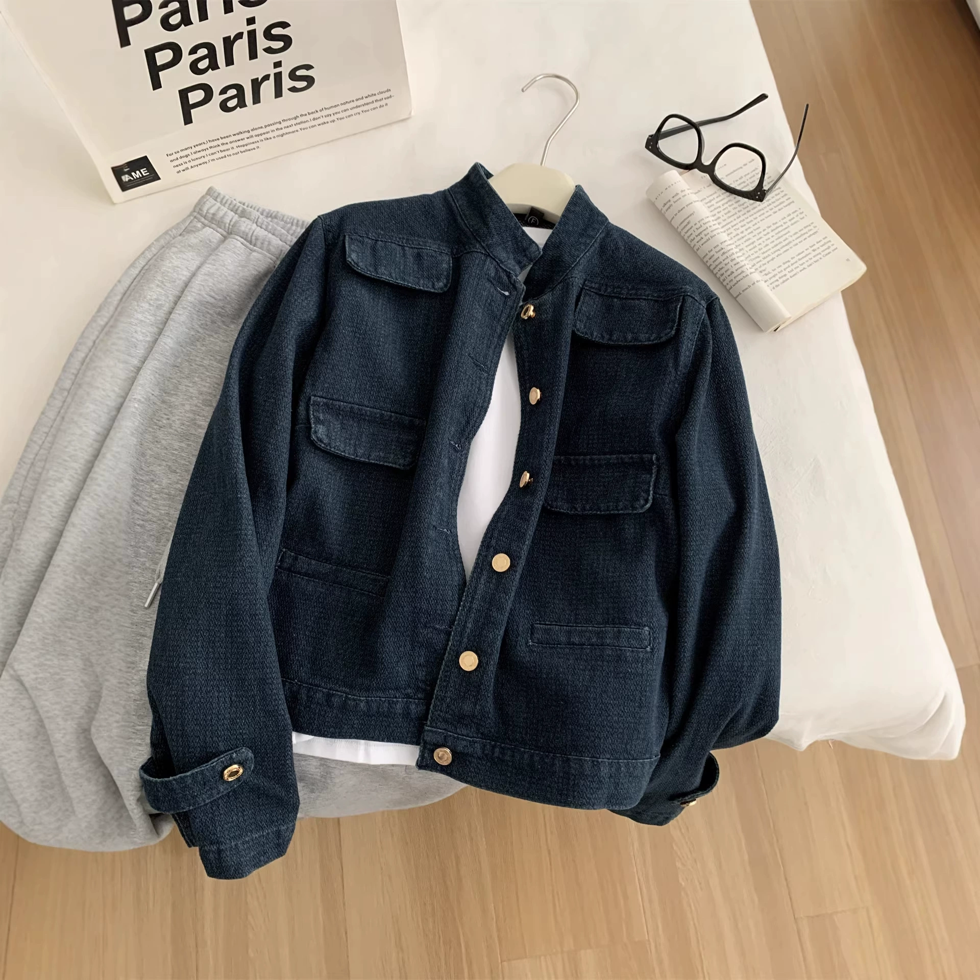洋气复古小香风牛仔外套女水洗钴蓝色金扣立领小个子短款开衫春季