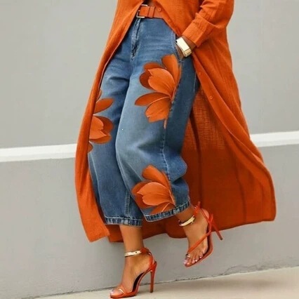 2026 European and American Cross-Border New Products Amazon Direct Spray Denim Print Loose Jeans Comfortable Versatile Wide-Leg Pants