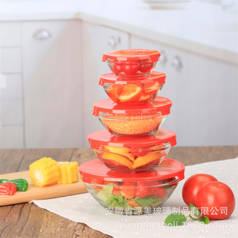 Recipiente de vidrio fresco refrigerador de cinco piezas Almacenamiento de vegetales y frutas Recipiente de regalo Juego de tazón Caja de regalo apertura actividad regalo