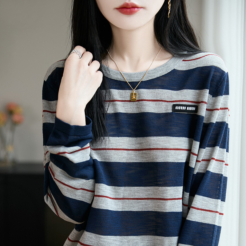 25年早秋新款竹节麻圆领针织衫长袖女拼色条纹宽松百搭打底衫上衣|undefined
