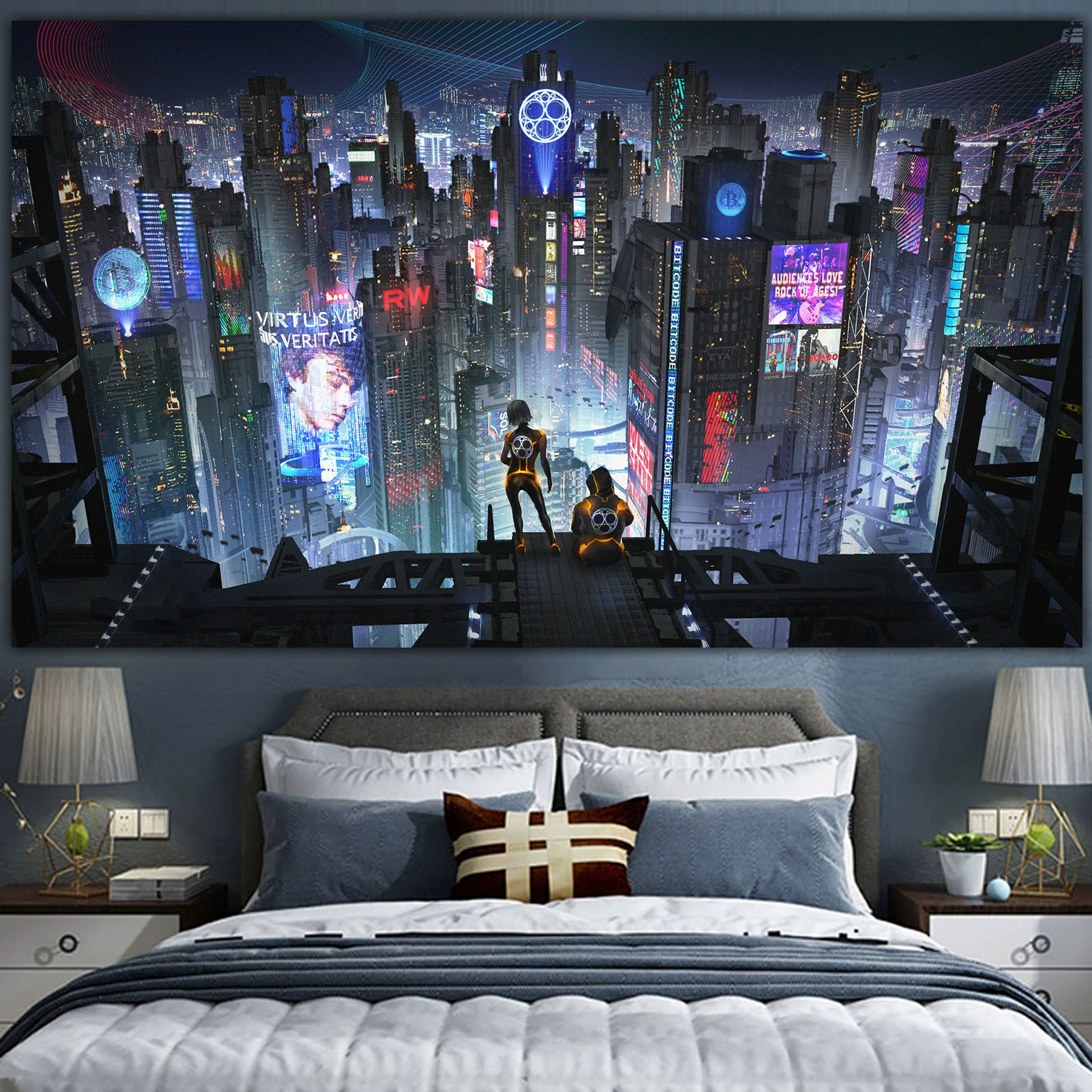 Постер cyberpunk неоновый город, размеры 38×65 см, 85×155 см, 110×200 см