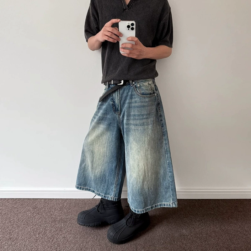 Мужские укороченные джинсовые шорты свободного кроя в американском стиле ретро, ​​летние широкие брюки средней длины в уличном стиле