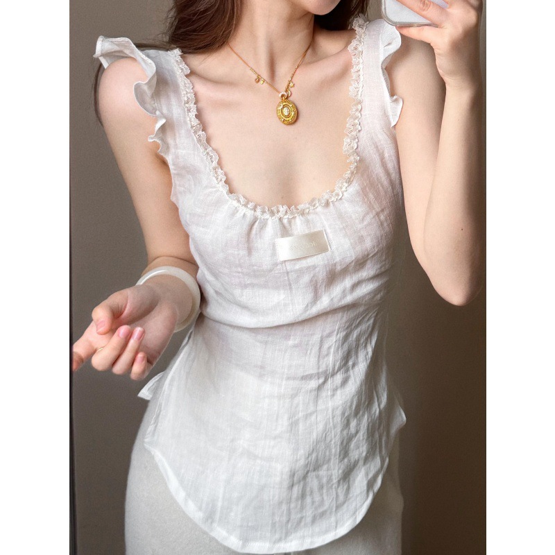 Parkyeon French lace-trimmed flutter sleeve camisole top for women, sexy and alluring, versatile and stylish design.