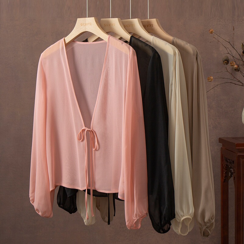 100% Mulberry Silk Cardigan Sun Protection Clothing for Women, Lightweight Semi-Transparent Lantern Sleeves, Long Sleeves, V-Neck Blouse for Summer