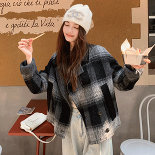2024 New Autumn and Winter Black and White Plaid Double-Sided Cashmere Outwear Women's Short Woolen Outwear Style