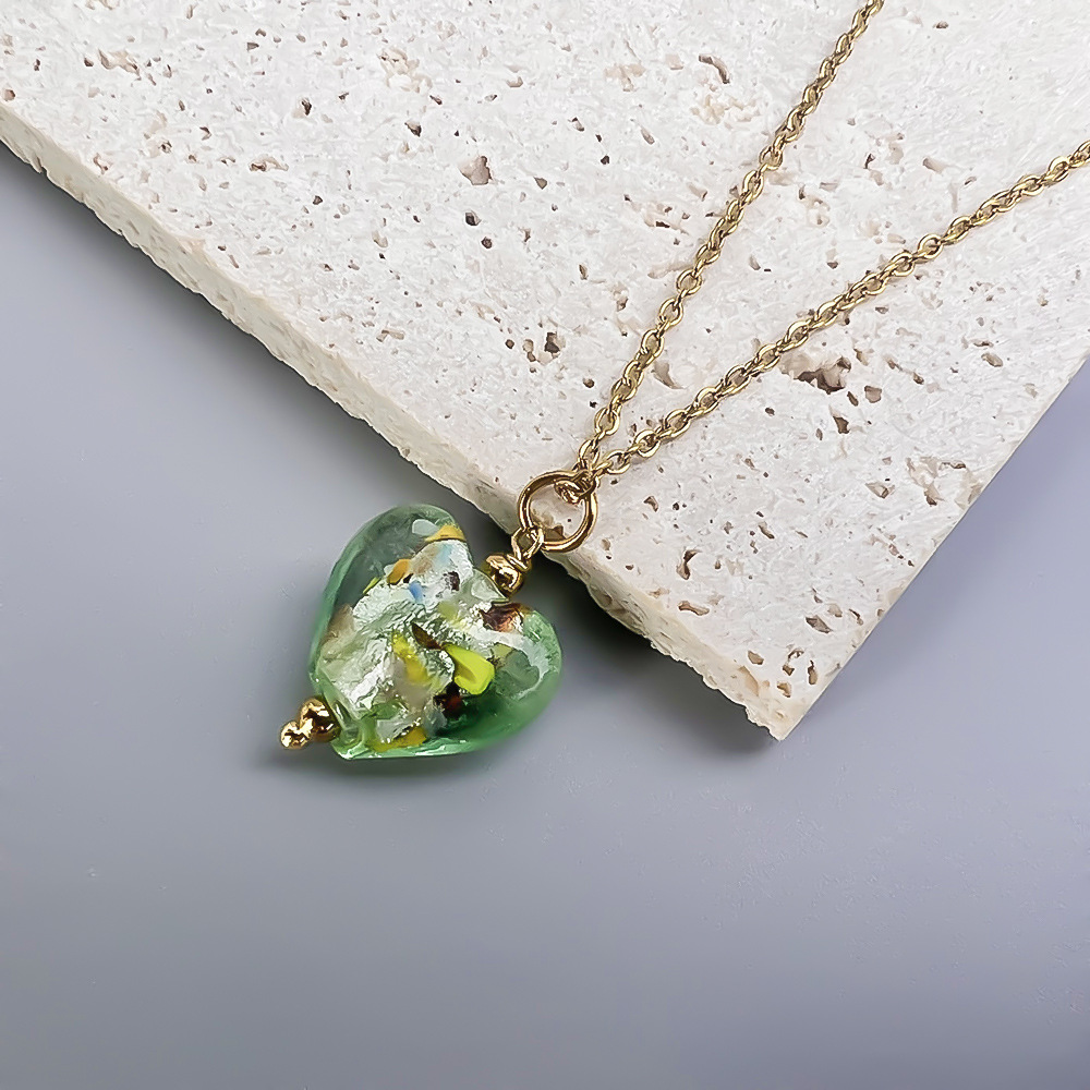 Daily Occasion Retro Heart Shape Stainless Steel Glass Plating Pendant Necklace
