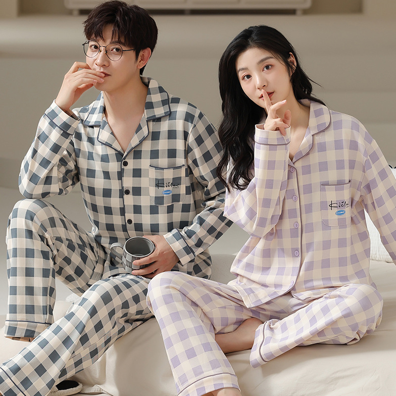 100% algodón primavera pareja pijamas hombres y mujeres Otoño e Invierno nueva chaqueta a cuadros manga larga traje casual desgaste del hogar
