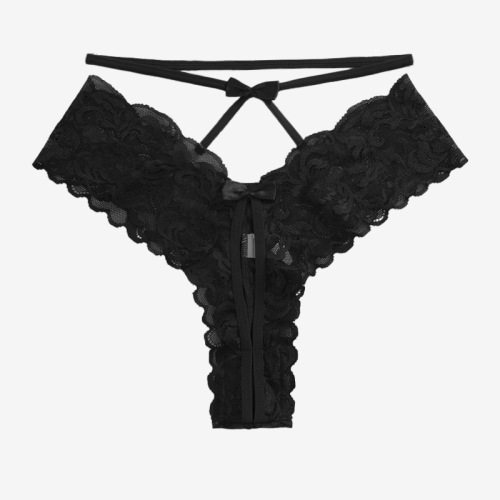 European and American foreign trade women's lace underwear sexy crotch hollow high waist thin strap bow European size mid-waist underwear for women