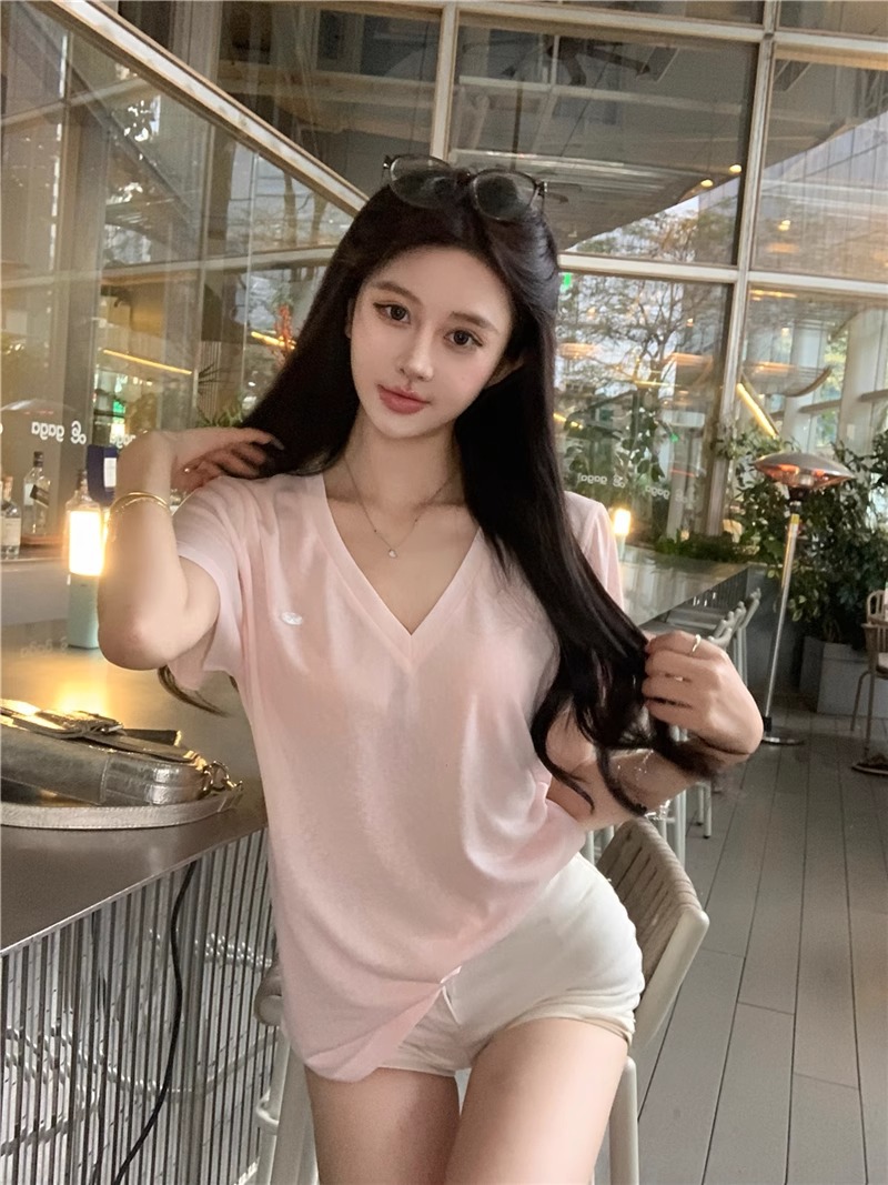 얇은 반팔 티셔츠 한국 스타일 릴렉스 브이넥 여름 루즈 퓨어 섹시 시크 핑크 탑 여성 의류