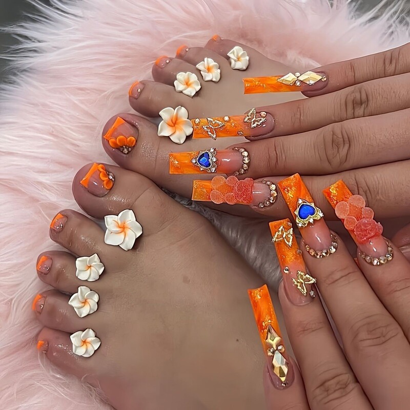 Cross-Border Hot Selling Hand and Foot Set Long Square Cute Bear Fashion Heart Rhinestone Gold Butterfly Design Nail Polish