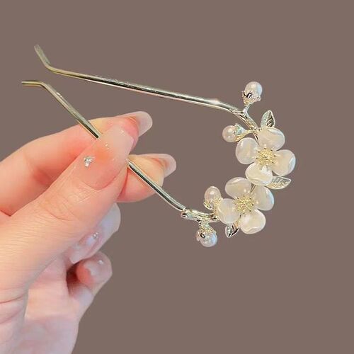 New camellia U-shaped hairpin for women, ancient style, high-end hair style, metal hairpin, Hanfu headdress, hair fork on the back of the head