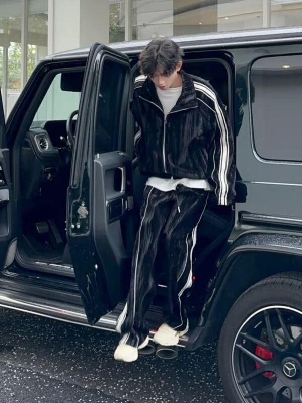 Men's Retro American-Style Heavyweight Sports Suit for Spring and Autumn, Sweatshirt Cardigan Jacket, Striped Sweatpants, Trendy Brand Set Men's Retro American-Style Heavyweight Sports Suit for Spring and Autumn, Sweatshirt Cardigan Jacket, Striped Sweatpants, Trendy Brand Set