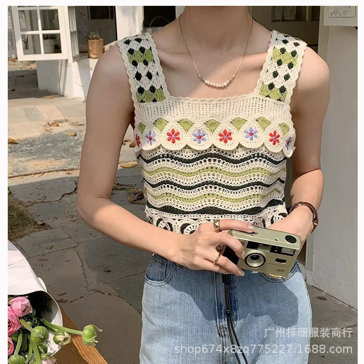 Knitted embroidered sexy camisole hollow-out knitted short inner women's top Bohemian ethnic style