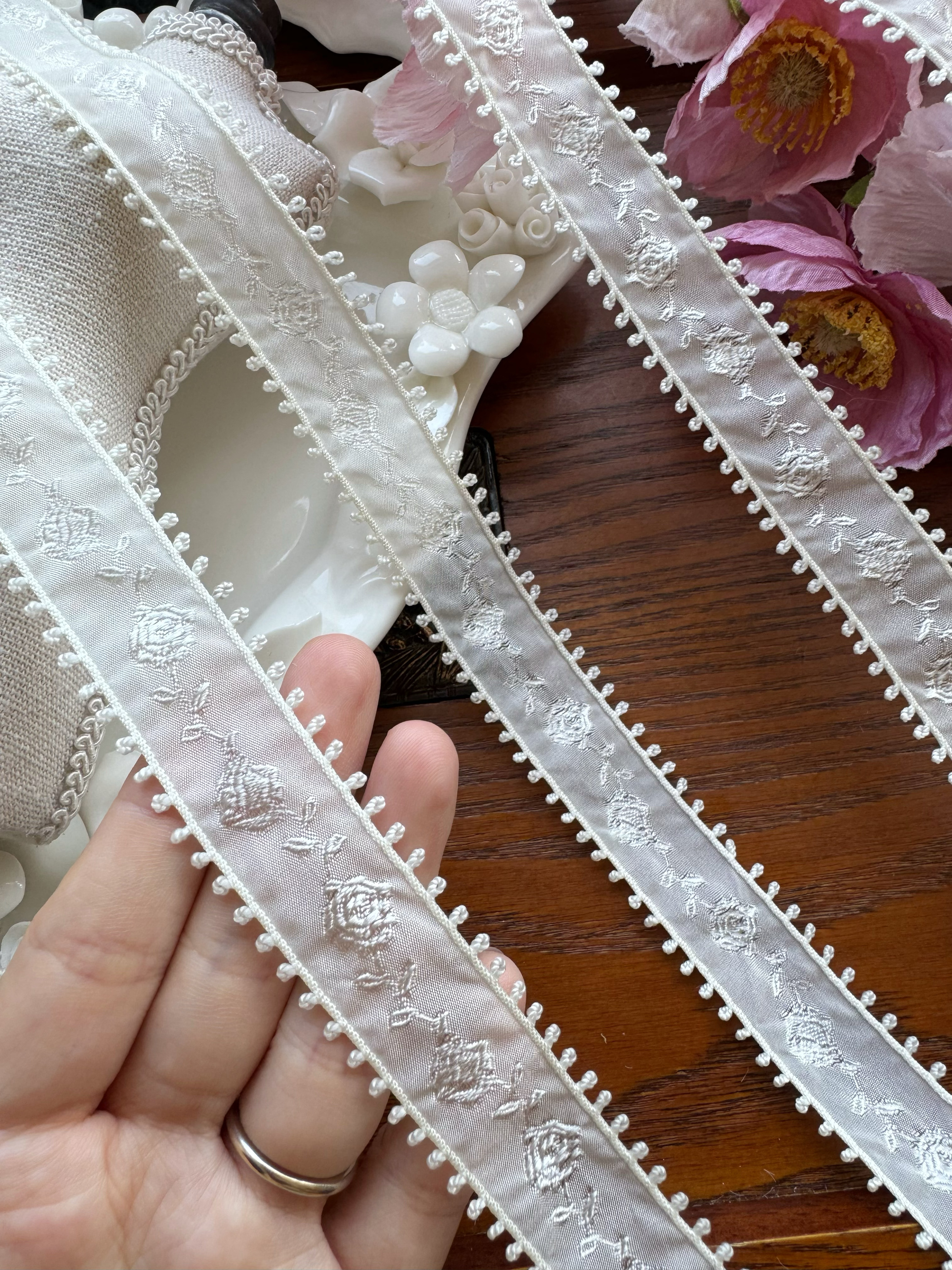 进口法式白玫瑰双耳勾边古董风diy颈链娃衣发饰婚纱织带花边辅料