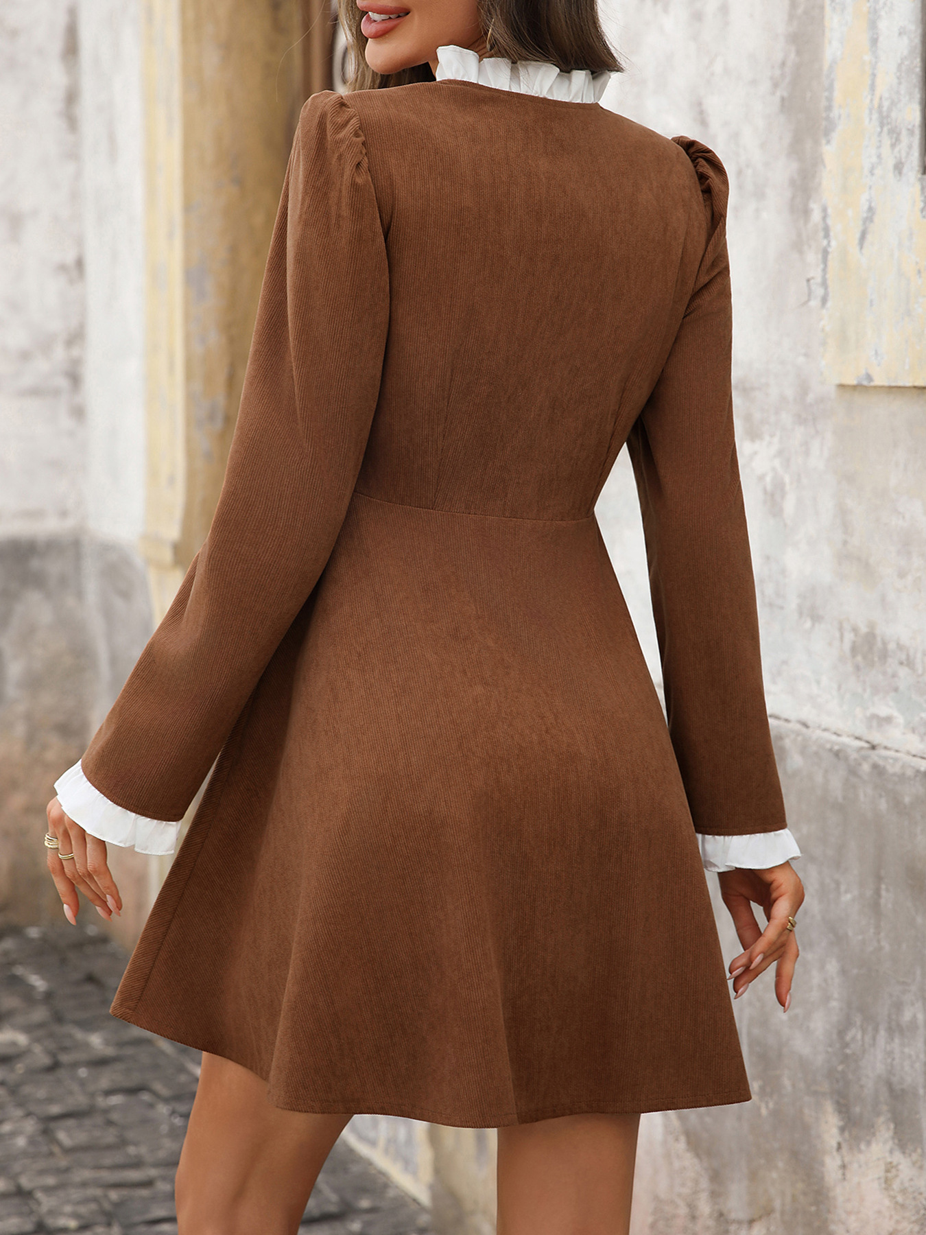 Autumn And Winter Retro Elegant Ruffle Trim Corduroy Long-Sleeve Dress For Women_ecoleips.com