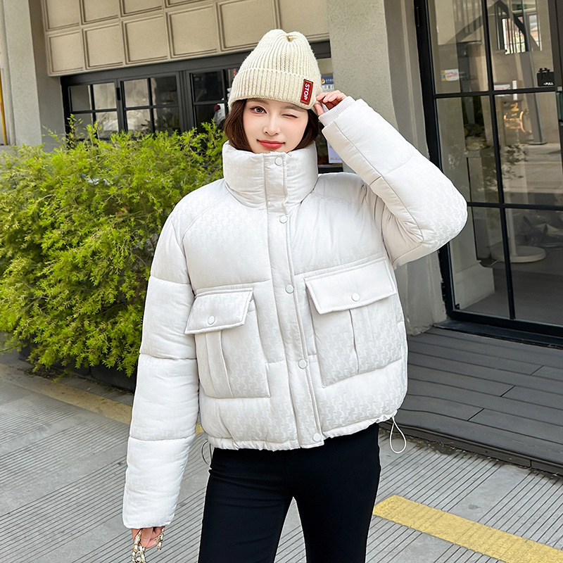 2025 chaqueta de algodón encapuchada ropa de algodón de mujer nuevo corto invierno estilo coreano de gran tamaño grueso chaqueta de algodón de cuello vertical chaqueta de moda