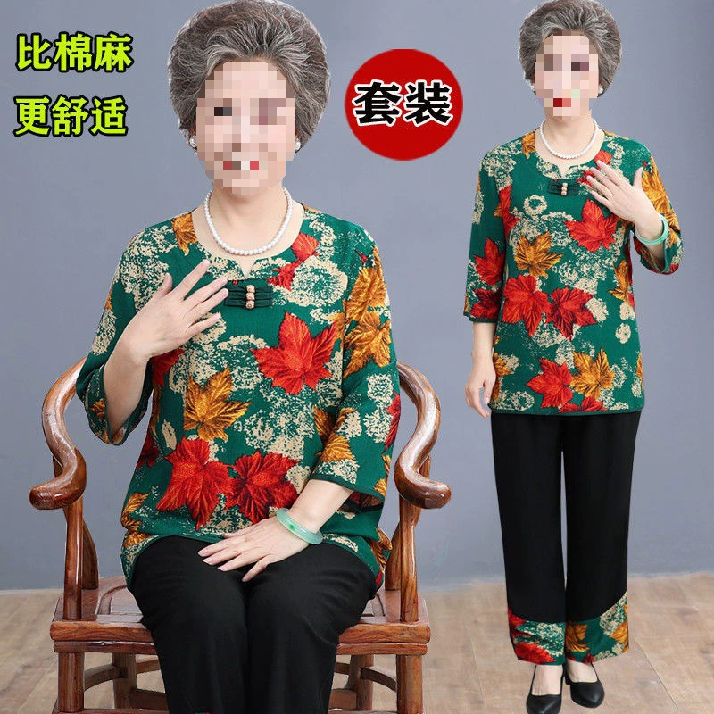 Комплект для мамы, летняя одежда для пожилых, с коротким рукавом, хлопок и лен, для среднего возраста