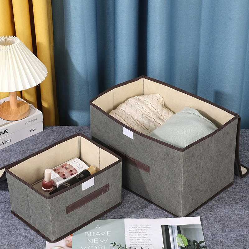 Juego de cajas de almacenamiento de tela no tejida imitación lino, cajas de almacenamiento impresas en varios tamaños, cajas de almacenamiento de tela plegables portátiles al por mayor.