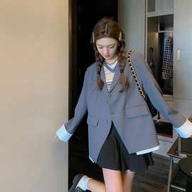 实拍宽松感西装外套女春季时尚小个子设计感休闲灰色西服上衣