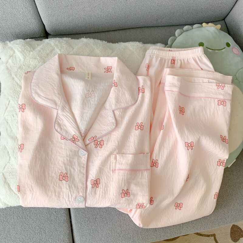 2026 Spring Sweet and Cute Pink Bow Cloud Cotton Long-Sleeved Long-Pants Set Home Clothes Double Layer Gauze Pajamas