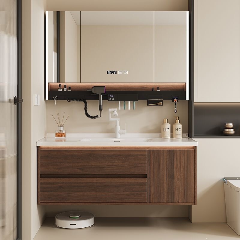 Walnut wood bathroom cabinet with ceramic integrated basin, new Chinese-style bathroom cabinet, washstand, bathroom sink with integrated basin Walnut wood bathroom cabinet with ceramic integrated basin, new Chinese-style bathroom cabinet, washstand, bathroom sink with integrated basin