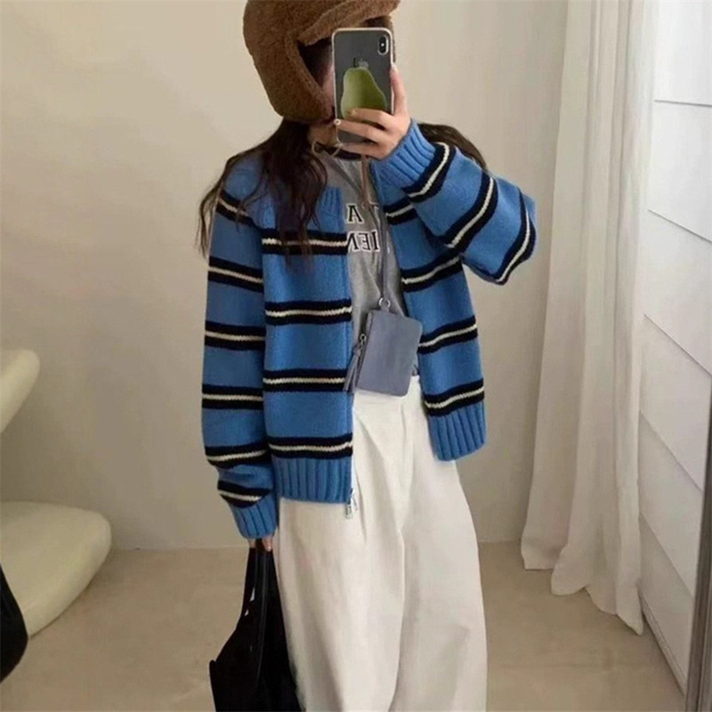 韩系慵懒风条纹拉链毛衣外套女秋冬新款宽松显瘦百搭针织开衫上衣|undefined