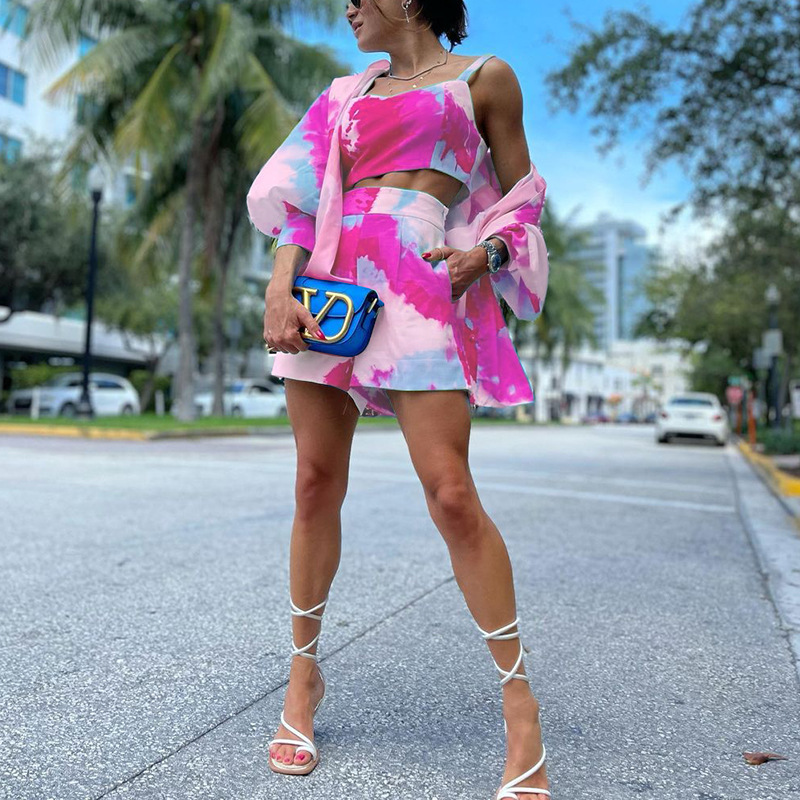 Women Clothes Spring Summer Casual Color Tie-Dye Printed Three-Piece Set