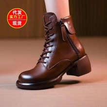 特价真软皮复古马丁靴女2024冬季新款加绒粗跟短靴百搭加厚女靴子