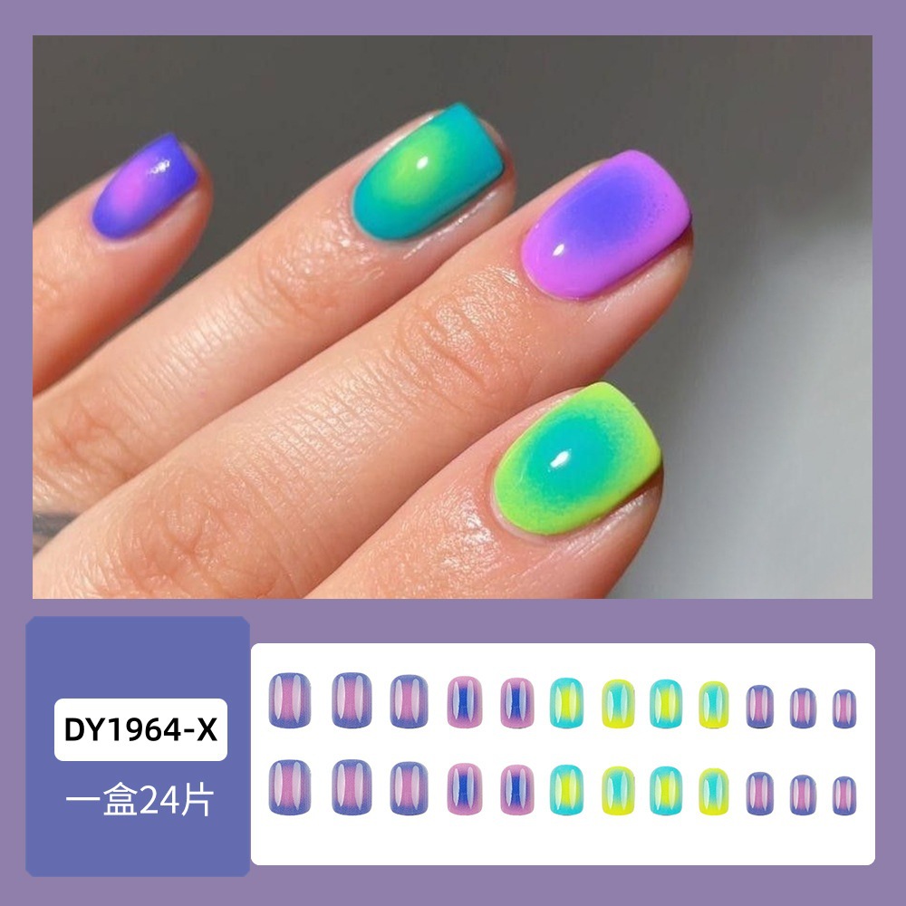 Comercio exterior fluorescente color gradiente desgaste de uñas europeas y estadounidenses violeta verde brillante cara uña falsa 24 piezas de uñas manicuras al por mayor image 3