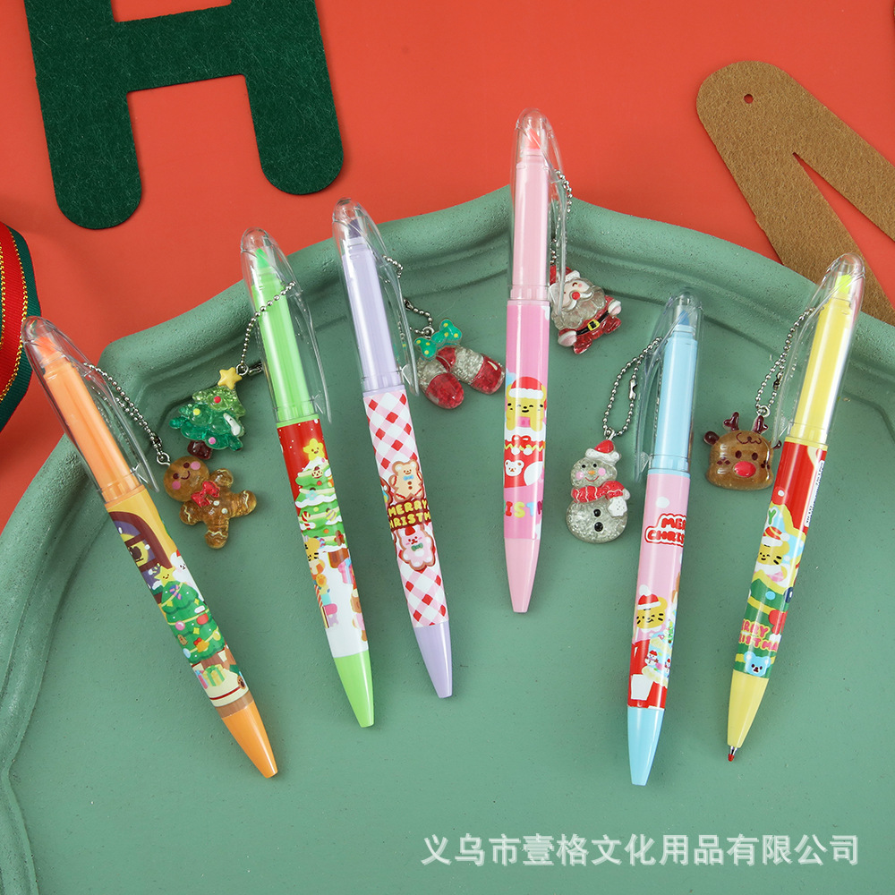 Navidad de doble cabeza bolígrafo neutro resaltador de dibujos animados Santa Claus reno vacaciones pequeños regalos de alto valor colgante bolígrafo de agua