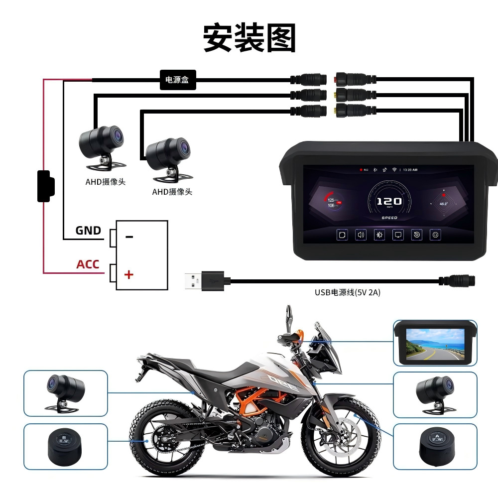 Motorcycle Dash Cam Bsd Blind Spot Carplay Screen Projection Navigation Dual 2K Tire Pressure Detection Waterproof 5inch