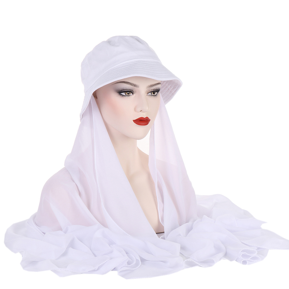 solid color chiffon plus fisherman hat long scarf pearl chiffon all-in-one scarf 2-piece set for drop shipping_voghion.com