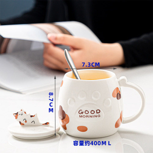 New cat ceramic cup creative mobile phone holder student water cup with lid and spoon coffee cup holiday mug