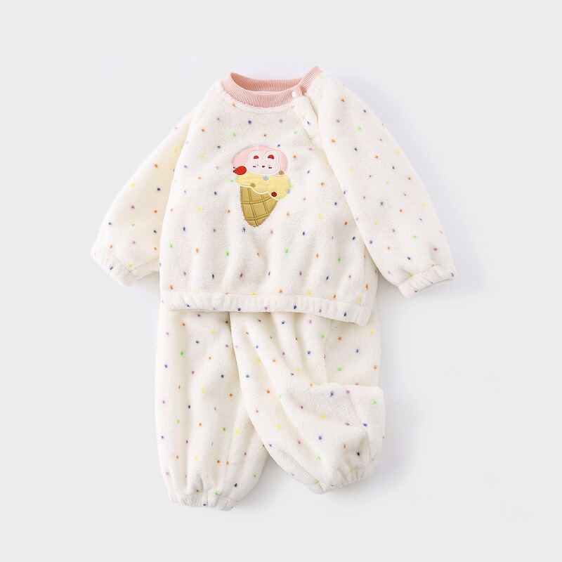 Winter Split Korean Style Polka Dot Suit for Baby Girls of Small Months, Cute Cartoon Two-Piece Warm Home Clothes Winter Split Korean Style Polka Dot Suit for Baby Girls of Small Months, Cute Cartoon Two-Piece Warm Home Clothes