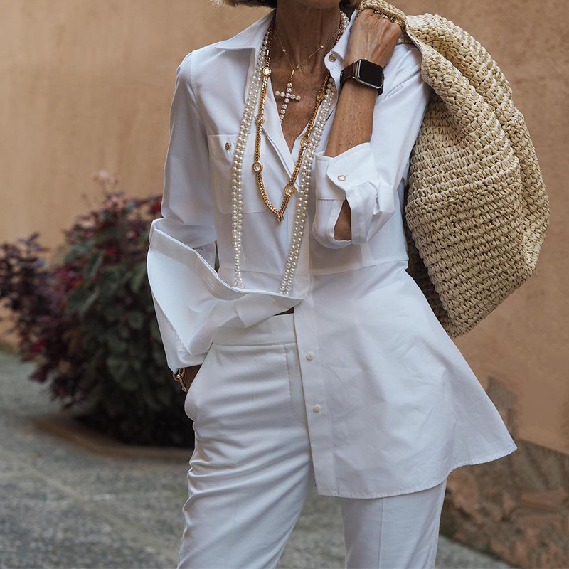 GraceChic FD483 Disponibile Autunno Inverno 2025 Nuovo Export Camicia a maniche lunghe da donna Pantaloni tinta unita Completo due pezzi_voghion.com