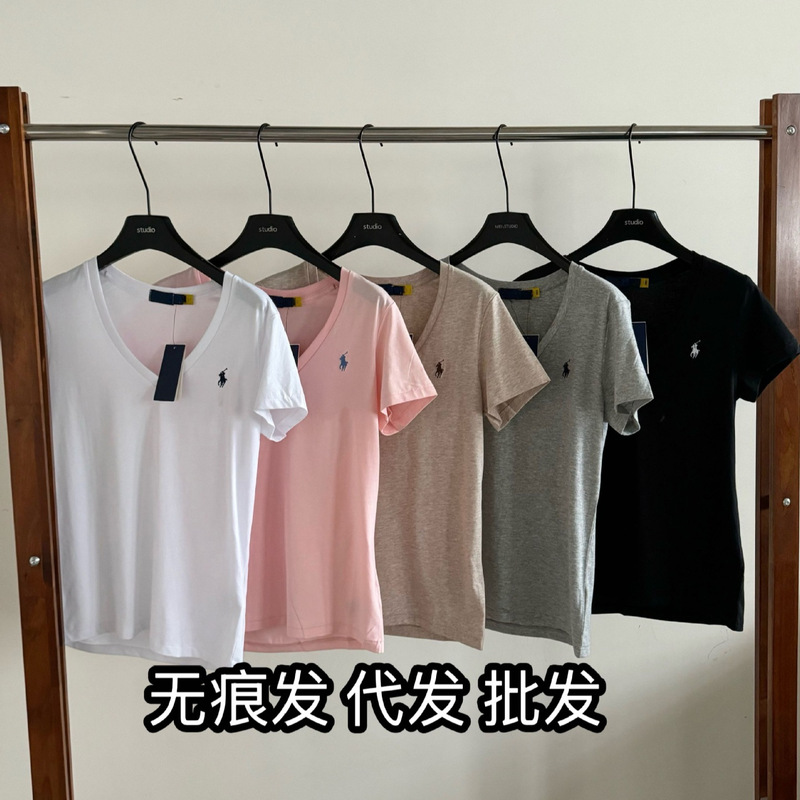 In-stock high-quality RL Ralph Lauren summer classic style women's short-sleeve T-shirt with pony embroidery and V-neck, versatile top