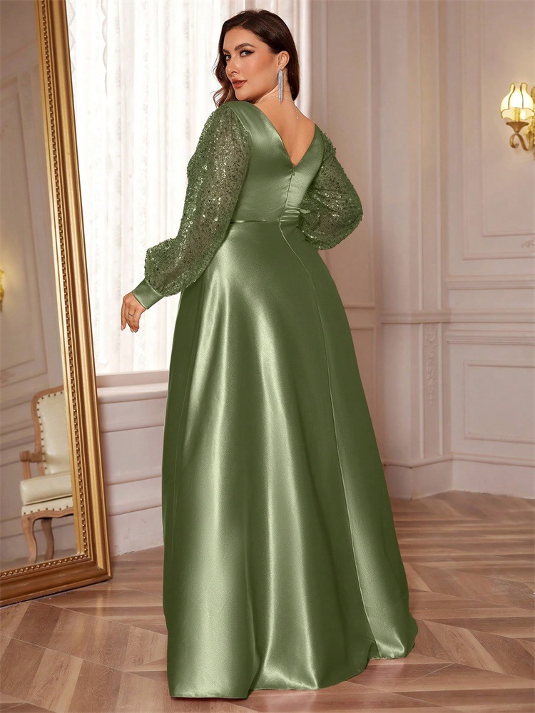 ChicShe Cross-Border Neues elegantes Plus-Size-Kleid aus Satin mit Pailletten, langen Ärmeln, V-Ausschnitt, schmal geschnitten, für Brautjungfern, Bankette und Abendveranstaltungen_voghion.com
