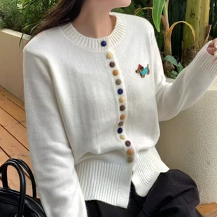 plus size Women's Chanel Style Color Button Crewneck Sweater Coat Women's Loose Lazy Autumn and Winter Knitted