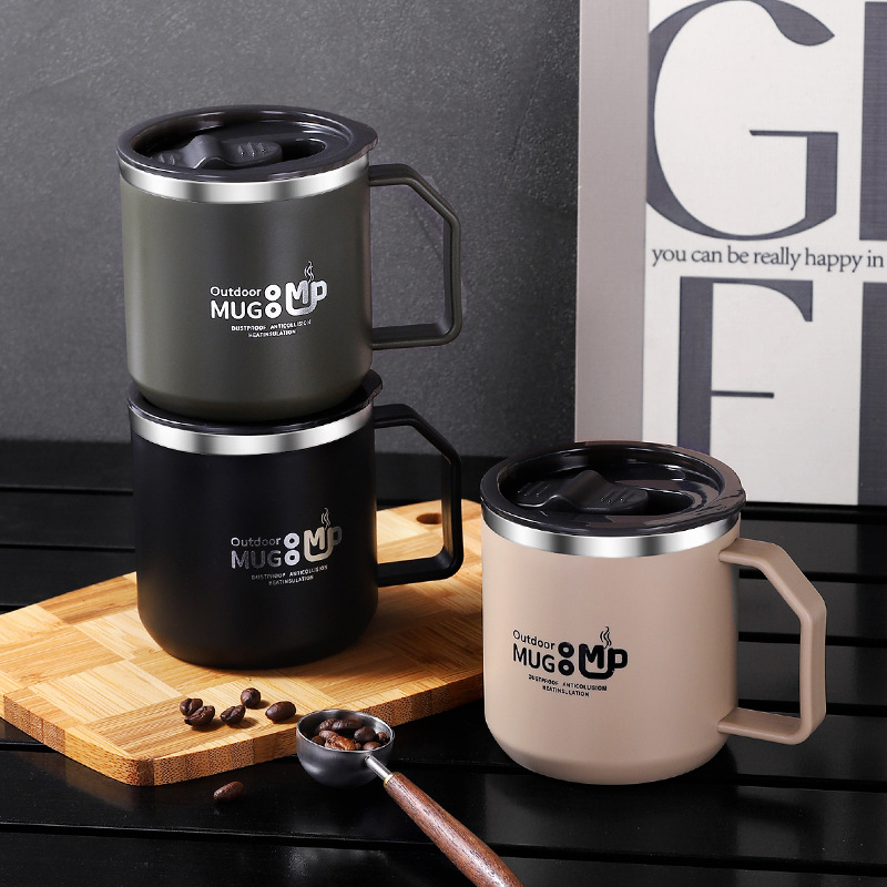 304 스테인리스 이중 머그컵 400ml 뚜껑 손잡이 사무실 커피잔