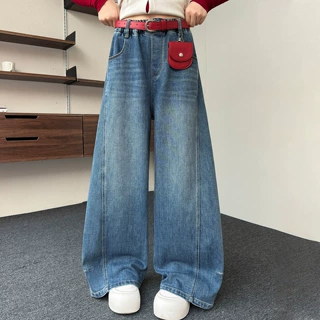 女童直筒牛仔裤2026秋季新款美式街头宽松显瘦窄版阔腿长裤子跨境