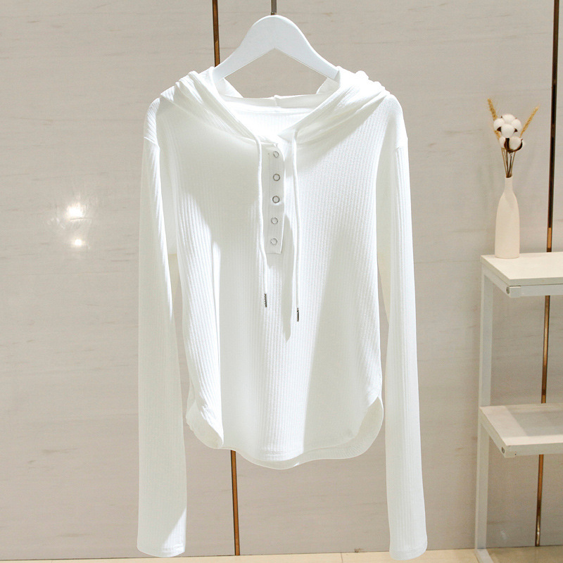 White Drawstring Hooded T-Shirt for Women, Long Sleeve, 2026 Spring New Style, Slim Fit, Versatile Design, Base Layer Top White Drawstring Hooded T-Shirt for Women, Long Sleeve, 2026 Spring New Style, Slim Fit, Versatile Design, Base Layer Top