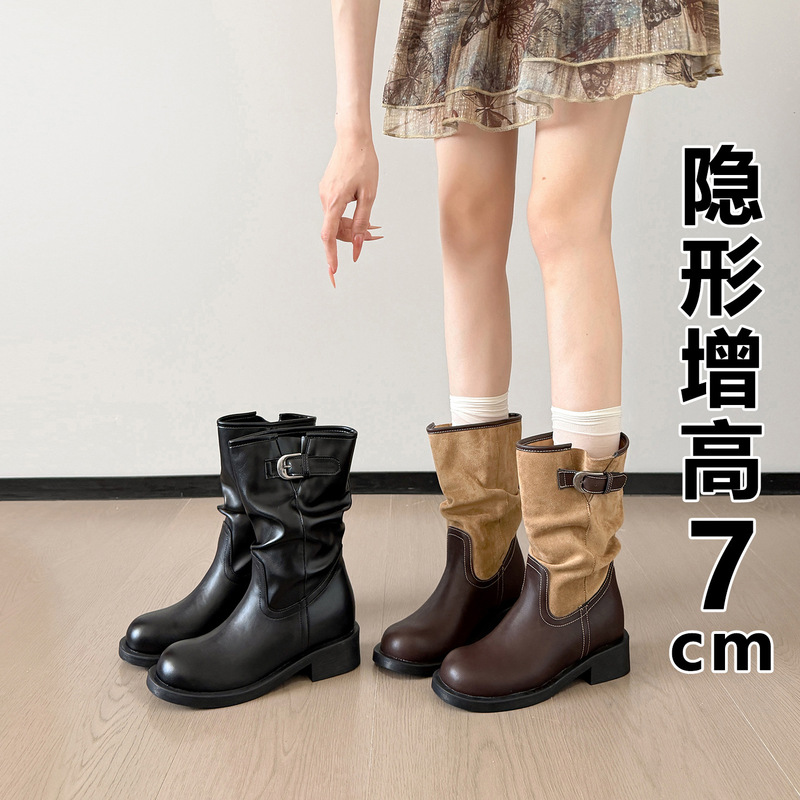 Women's cowboy boots with belt buckle, Xinjiang Maillard boots, height-increasing stacked boots, super popular knight boots, Martin boots