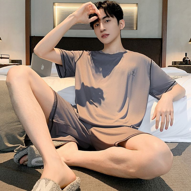 남성 잠옷 여름 반팔 모달 아이스 실크 얇은 플러스 사이즈 캐주얼 심플 여름 남성 홈웨어 세트