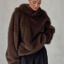 跨境亚马逊2025秋冬新款女装时尚软糯水貂绒毛连帽针织套头毛衣女
