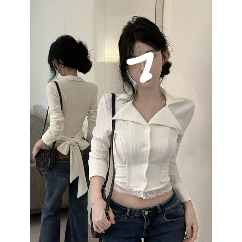 2024 Niche Design Lace Stitching Waist Long Sleeve Shirt Women's Early Autumn Design Sense Back Strap Top